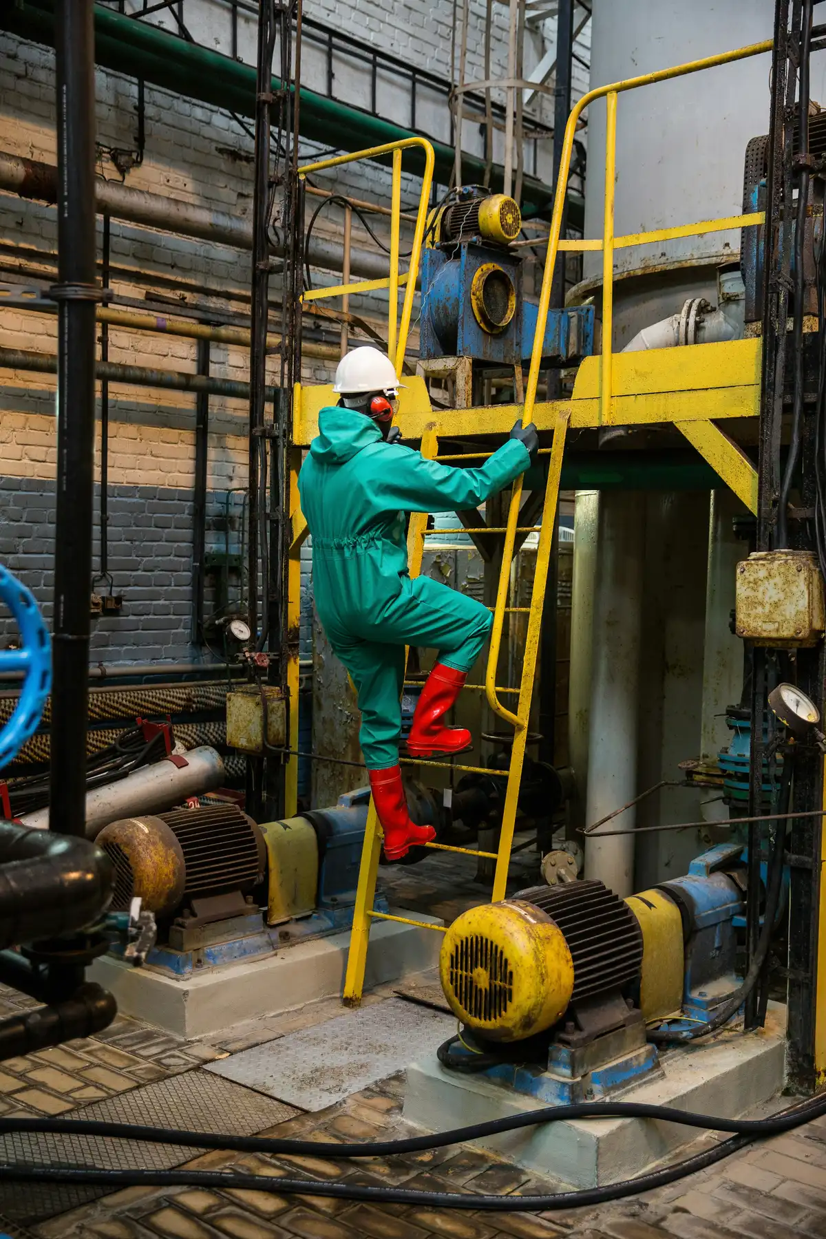 Worker in a hard hat and green coverall climbing a yellow ladder among pumps and pipes
